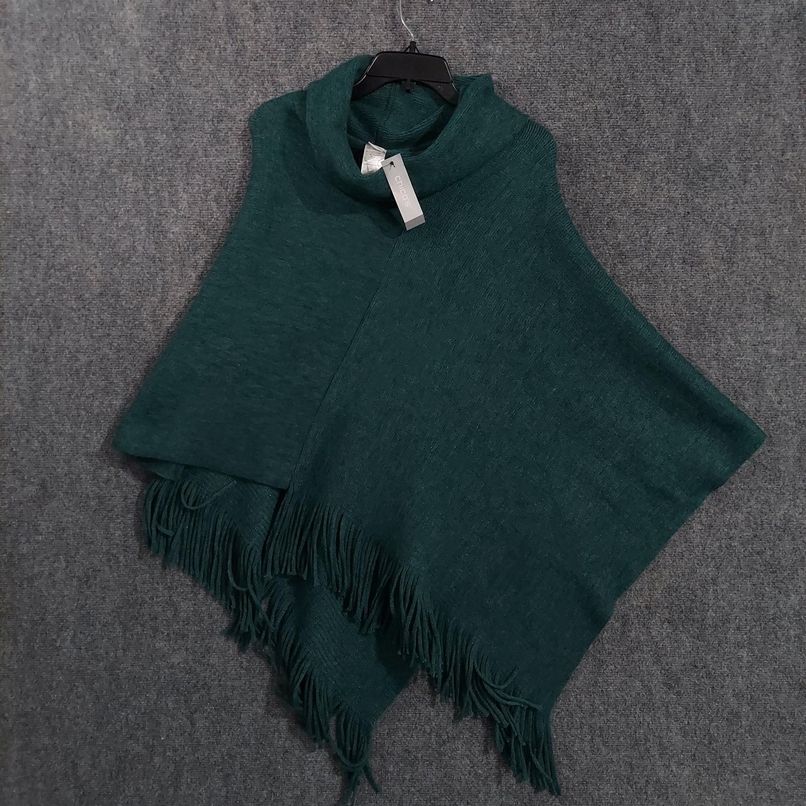 Chico's Poncho Womens One Size Green Cozy Stripe Cowl Neck Fringe Knit Jasper